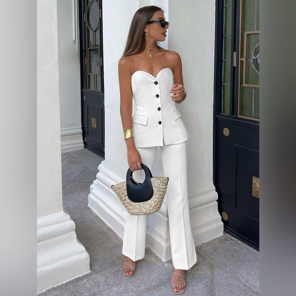COMMENSE Solid Tube Top With Wide Leg Pants Set